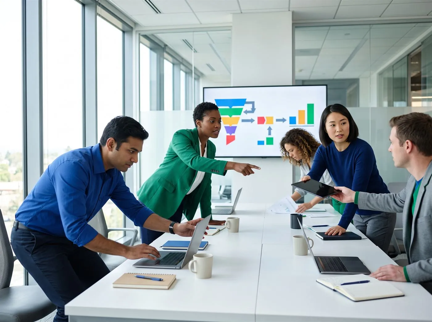 A small team working together around a conference table in front of a screen showing a sales funnel