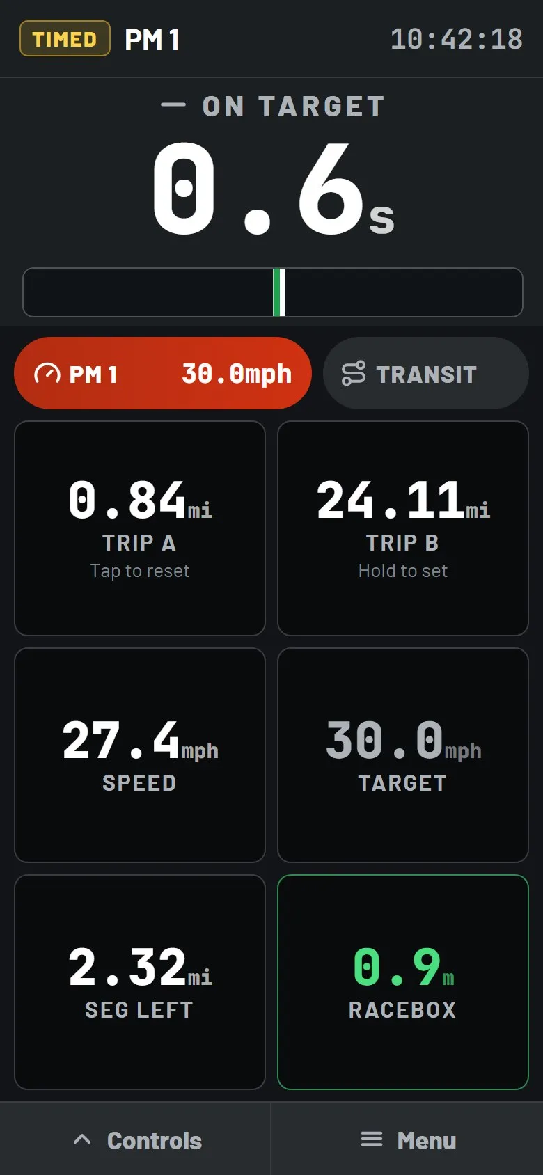 Crono107 average-speed screen showing On target, 0.6 seconds, with trip distances, speed, target speed and RaceBox accuracy