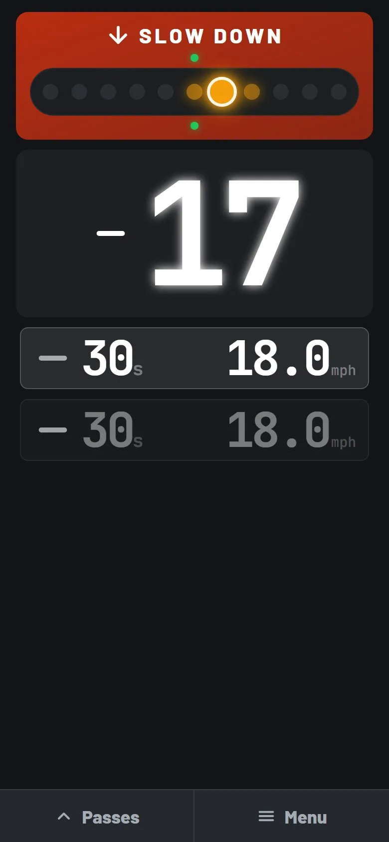 Crono107 training screen with a Slow down pace meter and a countdown of 17 seconds