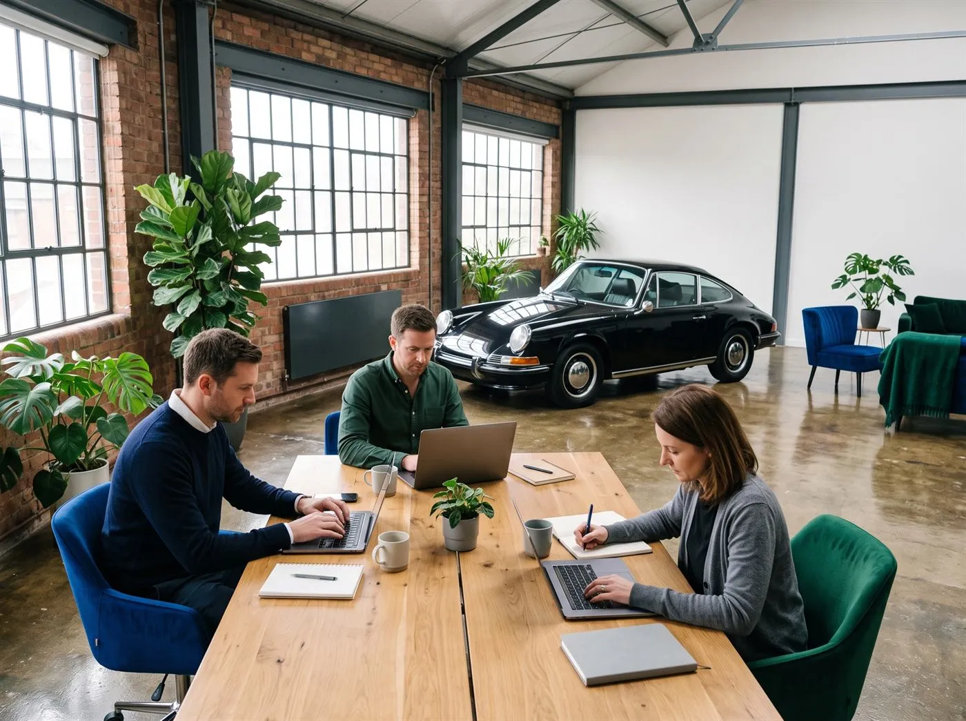 A small team working at laptops at a long wooden table in a bright loft office, with a classic black sports car parked behind them