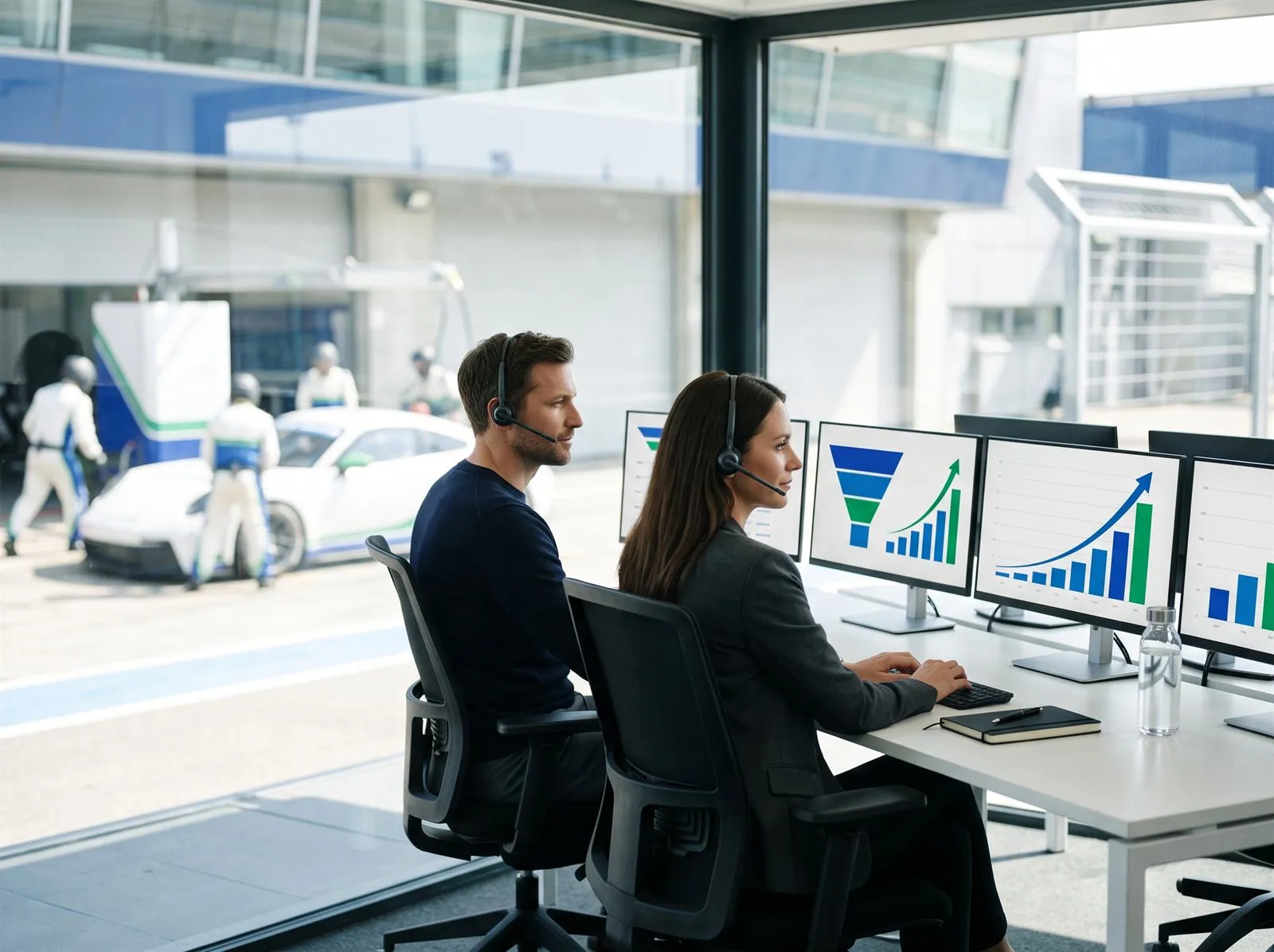 Two analysts in headsets watching revenue dashboards on a pit wall while a pit crew works on a white race car outside